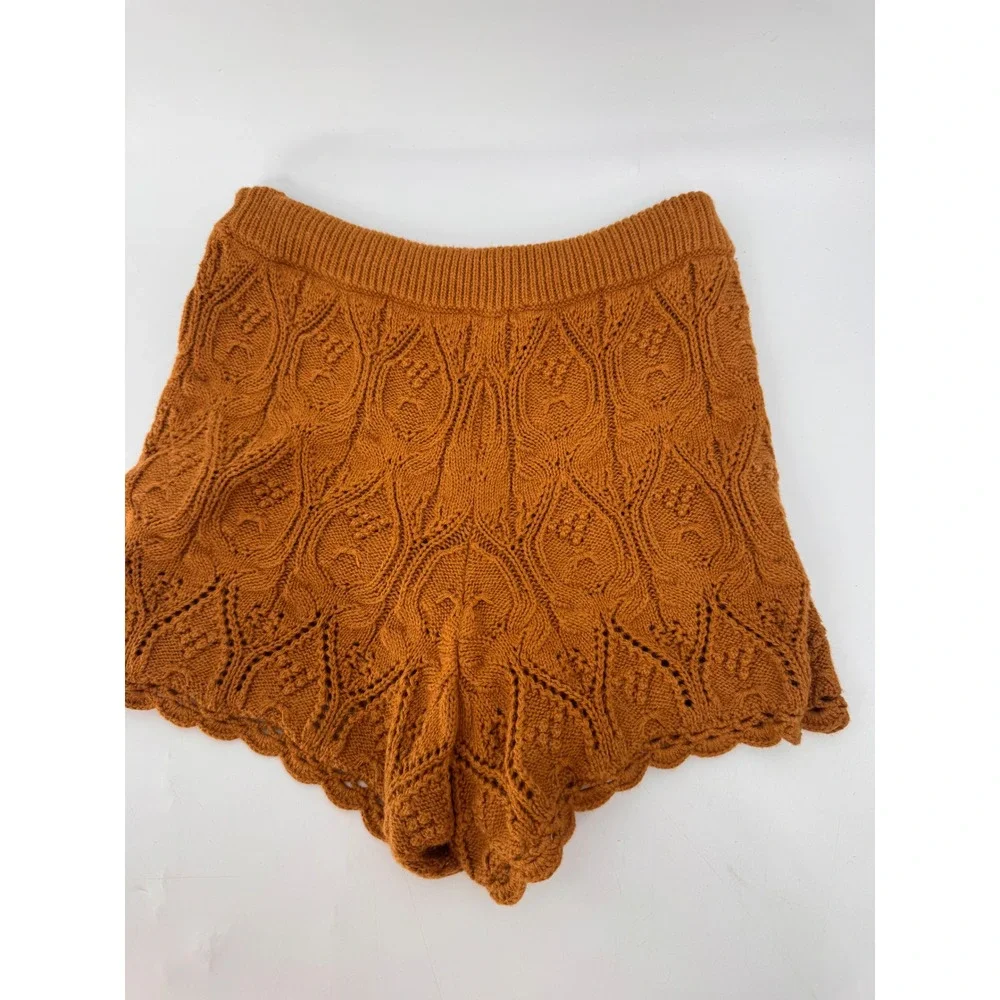 Sezane Knit Shorts Women S Rust Orange Pointelle Baby Alpaca Blend Scalloped Hem